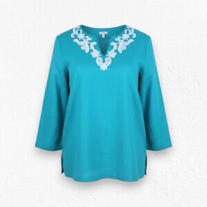 Talbots Teal Green Beaded Embroidered V Neck 3/4 Sleeve Linen Blouse Size Large